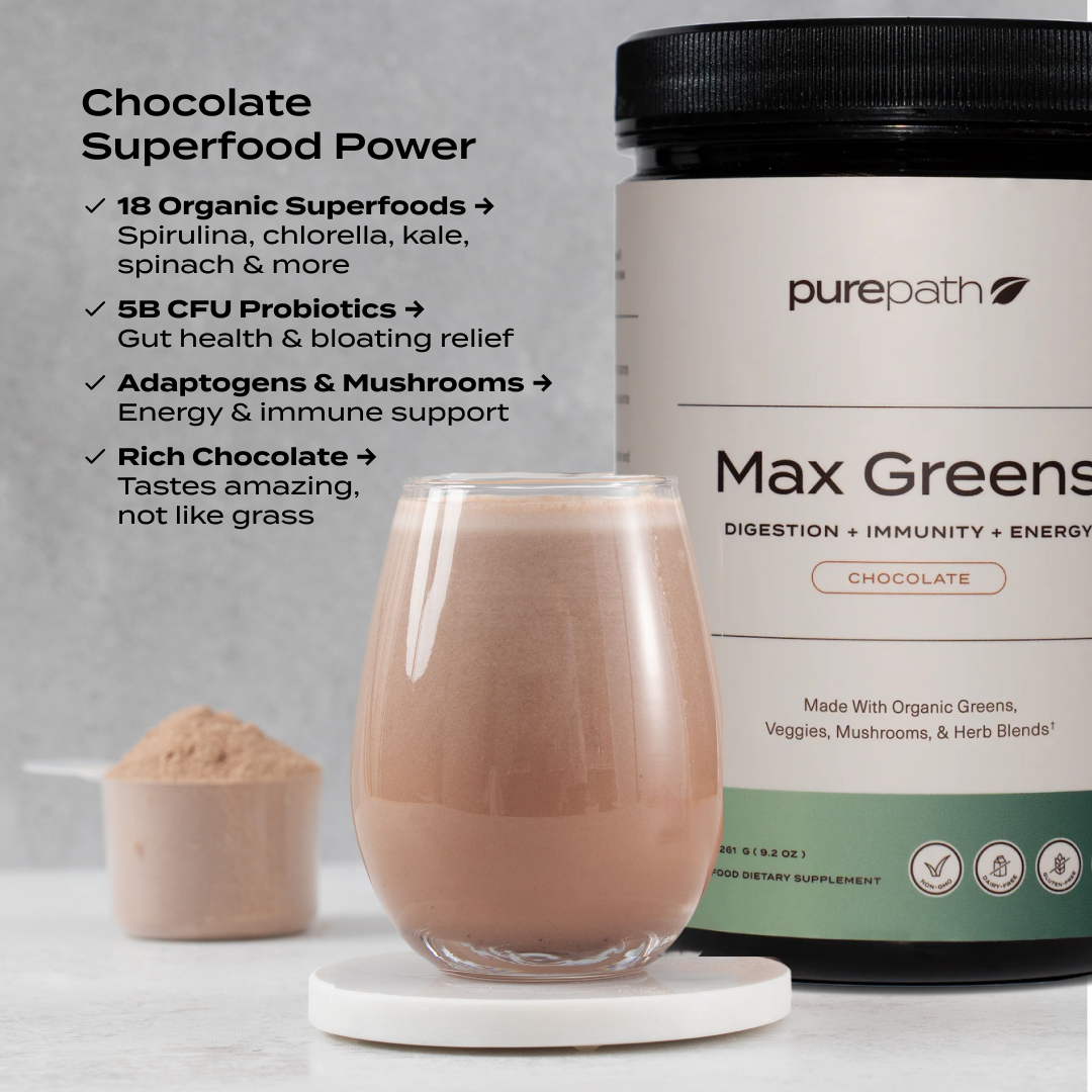 PurePath Max Greens Chocolate – Organic Superfood Powder with Probiotics & Digestive Enzymes