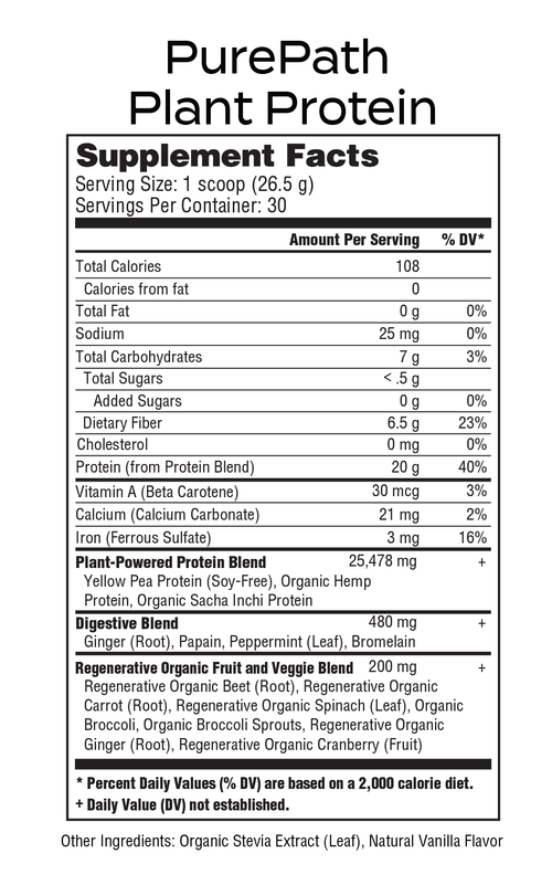 PurePath Plant Protein – 20g Vegan Protein Powder with Digestive Blend & Regenerative Organic Fruits & Vegetables